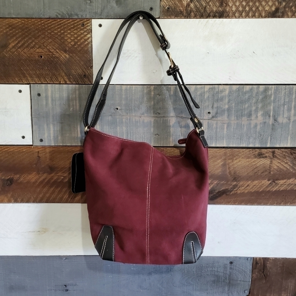 Large Maroon Burgundy Black Faux Leather Suede Tote Shoulder Purse Bag - Picture 3 of 13
